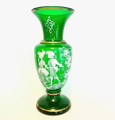 Stanislav Hrdy Bohemian Czech Mary Gregory Style Hand Blown Green Glass Vase COA • $98