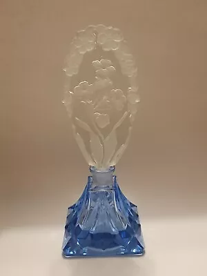 Vintage Czech Blue Crystal Perfume Bottle Morning Glory Intaglio Stopper 7.25 T • $31.88