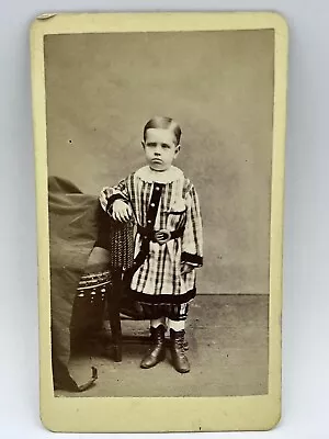 MANCHESTER NH 1870s Victorian Little Boy Plaid Outfit Leather Boots CDV • $8