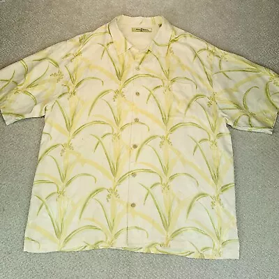 TOMMY BAHAMA Men XL 100% Silk Casual Hawaiian Shirt Yellow Floral Embroidered • $19.95