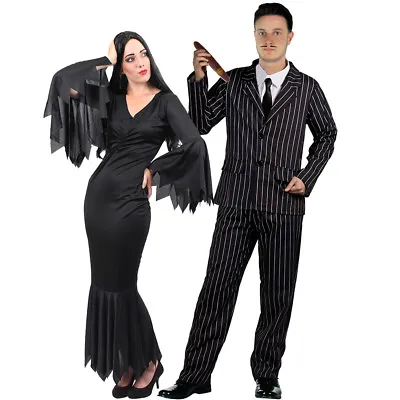 Couples Gothic Character Costume Womens Black Dress Mens Striped Suit Halloween • £35.99