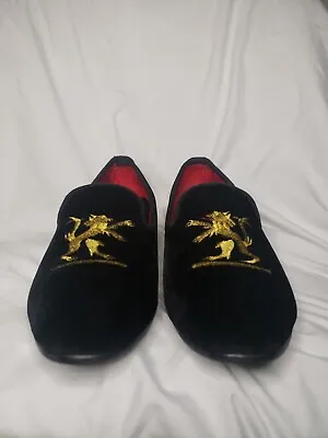 Handmade FERUCCI Men Black Velvet Slippers Flats Loafers With Lion Crest • $120