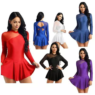 Women Ballet Dance Leotard Dress Long Sleeve Backless Figure Ice Skating Costume • £6.43