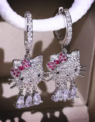 $11.02 • Buy Hello Kitty Dangle Drop Crystal Silver/ Gold Earrings Pink Bow 
