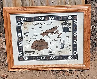 Vintage Tapa Masi Cloth Map Handmade Fiji Islands 15X12 Handpainted Framed • $75