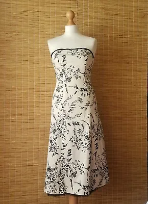 Coast Strapless Formal Dress UK 10 Cream Cotton Black Floral A-line Fitted Lace • £9.99