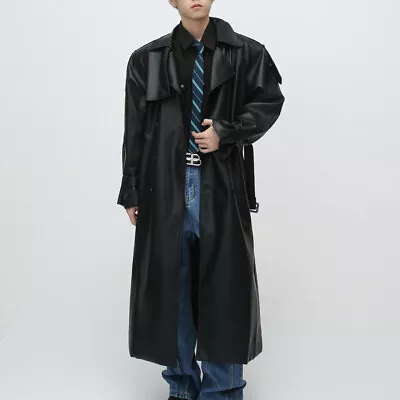 New Design Mens Retro Leather Windbreaker Long Patchwork Overcoat Loose Fashion • $100.19