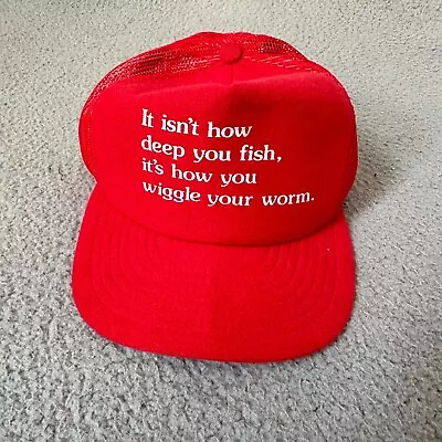 Vintage Fishing Hat Mens Red Snap Back Cap Fishermans Funny 80s Made In USA • $28.75