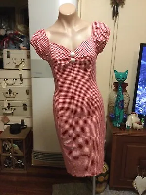 COLLECTIF Rockabilly Rock N Roll Pencil Dress Red White Check Midi Length UK 12 • $56