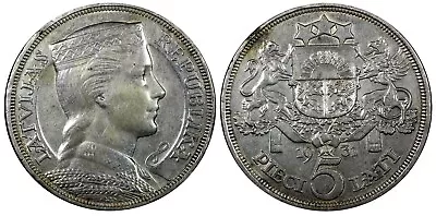 LATVIA Silver 1931 5 Lati Maiden's Head 37 Mm  KM# 9 (24 340) • $24.95