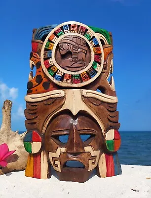 Mayan Calendar Carved Wood Mask - 12-inch Cultural Decor Artesania Mexicana • $79.99