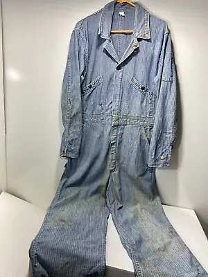 Vintage KEY Distressed Herringbone Striped Denim Coveralls Made  USA Jumpsuit • $28