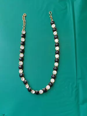 Vintage Monet Goldtone Clear Rhinestone Black Enamel Choker Necklace • $6.99