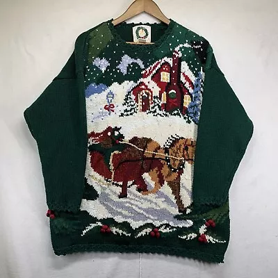Vintage Christmas Sweater 1994 Green Sleigh Ride Ugly Sweater Women's Large • $29.99
