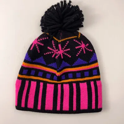 Vintage Wigwam Made USA Black With Hot Pink Pattern Knit Winter Hat • $68