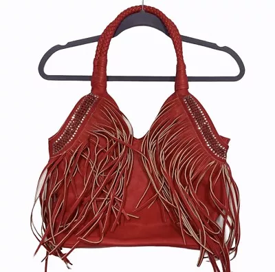 Vieta Rhinestone Trimmed With Accented Fringes Shoulder Handbag With Handles Red • $26.99