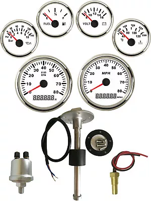 6 Gauge Set With Senders GPS 0-80MPH Speedo Tacho Fuel Volt Temp White USA STOCK • $218.50