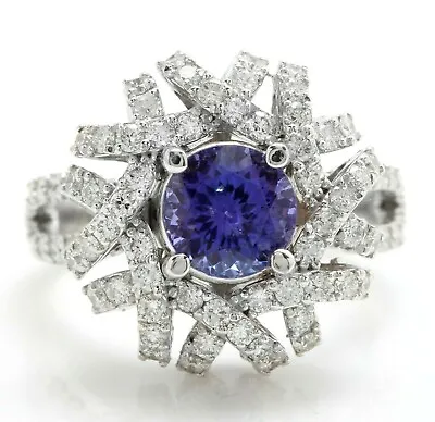 1.70 Carat Natural Blue Tanzanite And Diamonds In 14K Solid White Gold Ring • £1365.48