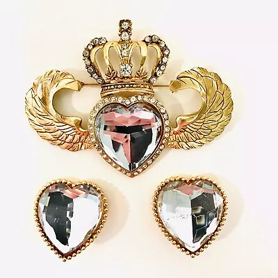 Richard Serbin Vintage 1980’s Signed Couture Crystal Heart Brooch & Earring Set • $225.95