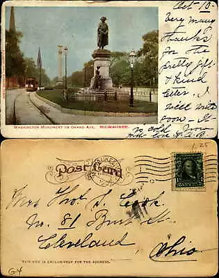 Washington Monument On Grand Avenue Milwaukee Wisconsin Trolley UDB Mailed 1905 • $1.89