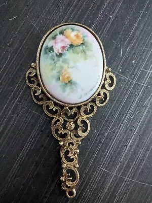 Vintage Compact Victorian Porcelain & Brass Hand Painted Floral Mirror 4-5/8   • $14.99