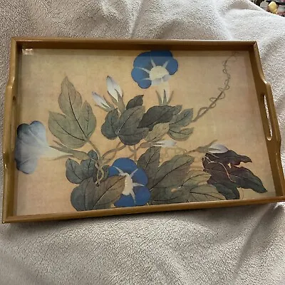 Vintage Mid Century Wooden Tray With Blue Floral And Handles With Box • $20