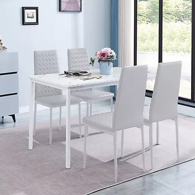 4x White Faux Leather Stripe Dining Chairs&White Marble MDF Top Dining Table Set • £169.99