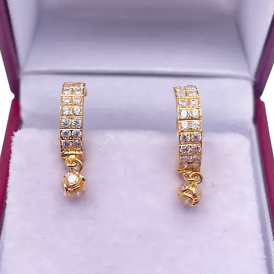 22ct Yellow Gold Double Row Cubic Zirconia Drop Ball Hoop Huggies Earrings • £270