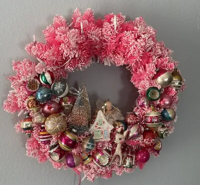 Vintage OOAK Mercury Glass Ornament Kitsch Pink Flocked Wreath • $300