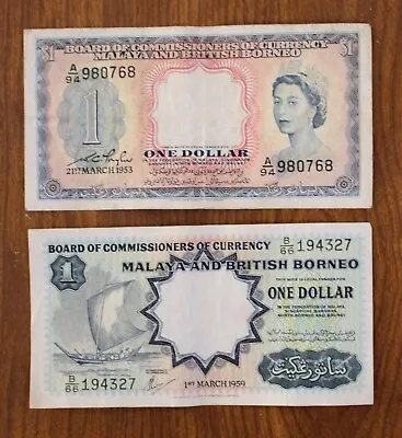 MALAYA & BRITISH BORNEO 2 Circulated 1 Dollar 1953 Q. Eliz.& 1 Dollar 1959 Bills • $69.95