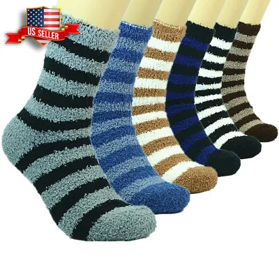 6 Pairs Mens Soft Cosy Fuzzy Winter Warm Home Striped Slipper Socks Size 9-13 • $9.99