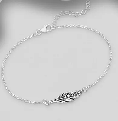 925 Sterling Silver Oxidized Feather Chain Bracelet • $28