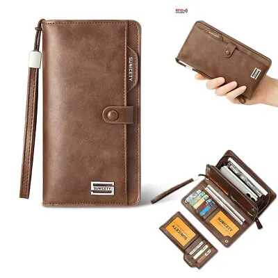 RFID Men's Leather Long Wallet Bifold ID Card Holder Clutch Checkbook Billfold • $17.09