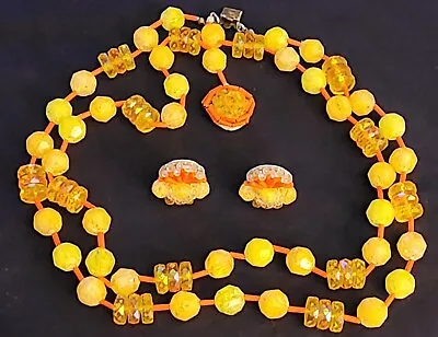 Vtg Groovy Western Germany Dbl Strand Necklace And Earrings - Orange/Yellow • $4.99