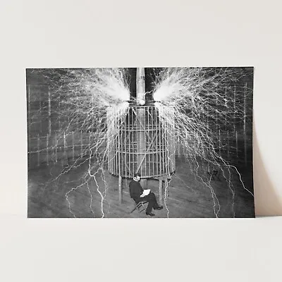 Nikola Tesla Reading With Electricity Generator 1900s Wall Art Poster Print • $29