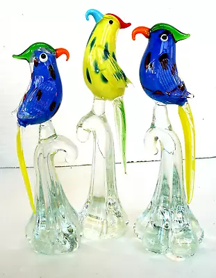 Lot Vintage 3 Blown Glass Parrots Multi Color Birds 6'' T Figures Brand New • $19.95