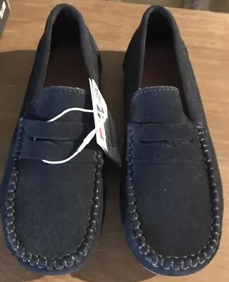 ZARA Classic Moccasin Leather Loafer - Navy Suede A Marino Navy Blue 1 US 13.5UK • $39