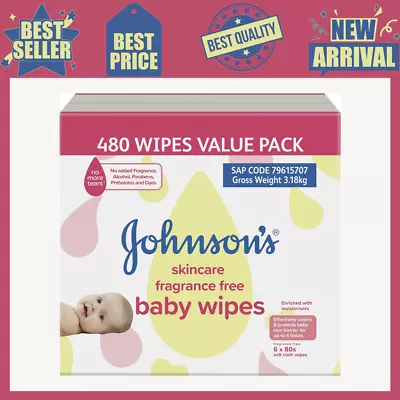 JOHNSON'S Baby Skincare Fragrance Free Baby Wipes 6 X 80 Pack • $48.29