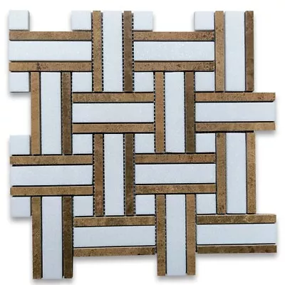 T66A8XH Thassos White Marble Twine Basketweave Mosaic Tile Yellow Woodgrain • $29.99