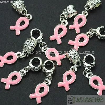 20Pcs Big Hole Ribbon Breast Cancer Bracelet Connector Charm Beads Fit European • $5.58