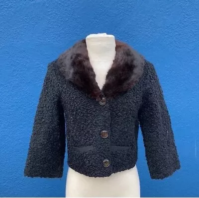 Vintage Women’s Wool Coat 3/4 Sleeve Baby Lamb Genuine Fur Collar Size Small • $55