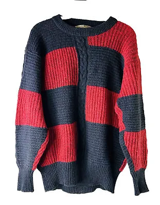 VTG 80s Mens Medium Chunky Irish Wool Cable Knit Color Block Crewneck Sweater • $53.39
