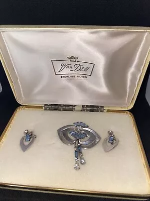 Van Dell 1950's Earring Brooch Set Sterling Silver Rhinestone Vintage Case Sign • $45