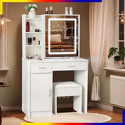 Furniture Vanity Dressing Makeup Table Set W/ Cushion Stool LED Mirror 2 Drawers • £144.76