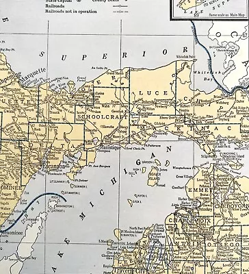 Map Michigan Northern Peninsula 1938 United States Print Atlas Antique DWU7 • $19.24