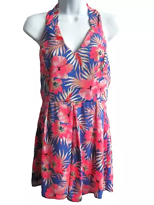 NEW LOOK Pink Blue Floral Halterneck Playsuit Size 12 Festival Colourful Summer • £9.99