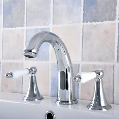 Three Hole Deck Mounted Basin Faucet Chrome Brass Bathroom Mixer Sink Tap Dnf549 • £61.20