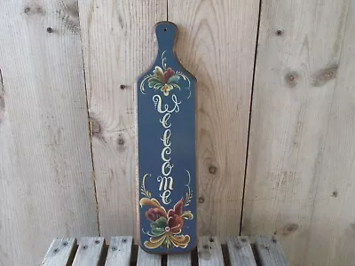 Vintage Wood Wall Hanging Welcome Paddle Plaque Dark Blue Hand Painted • $8.50