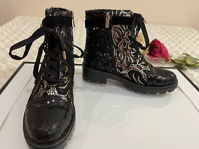 Bamboo Women Ankle Boots Black 8M Sequences Lace Gold Lace Up Buckle Zipper NWT • $24