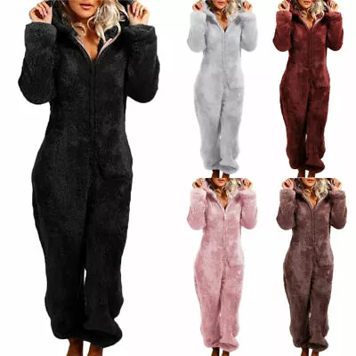 £29.98 • Buy Women Hooded Fleece Dressing Gown Fluffy Bathrobe Nightwear Warm Lounge Jumpsuit
